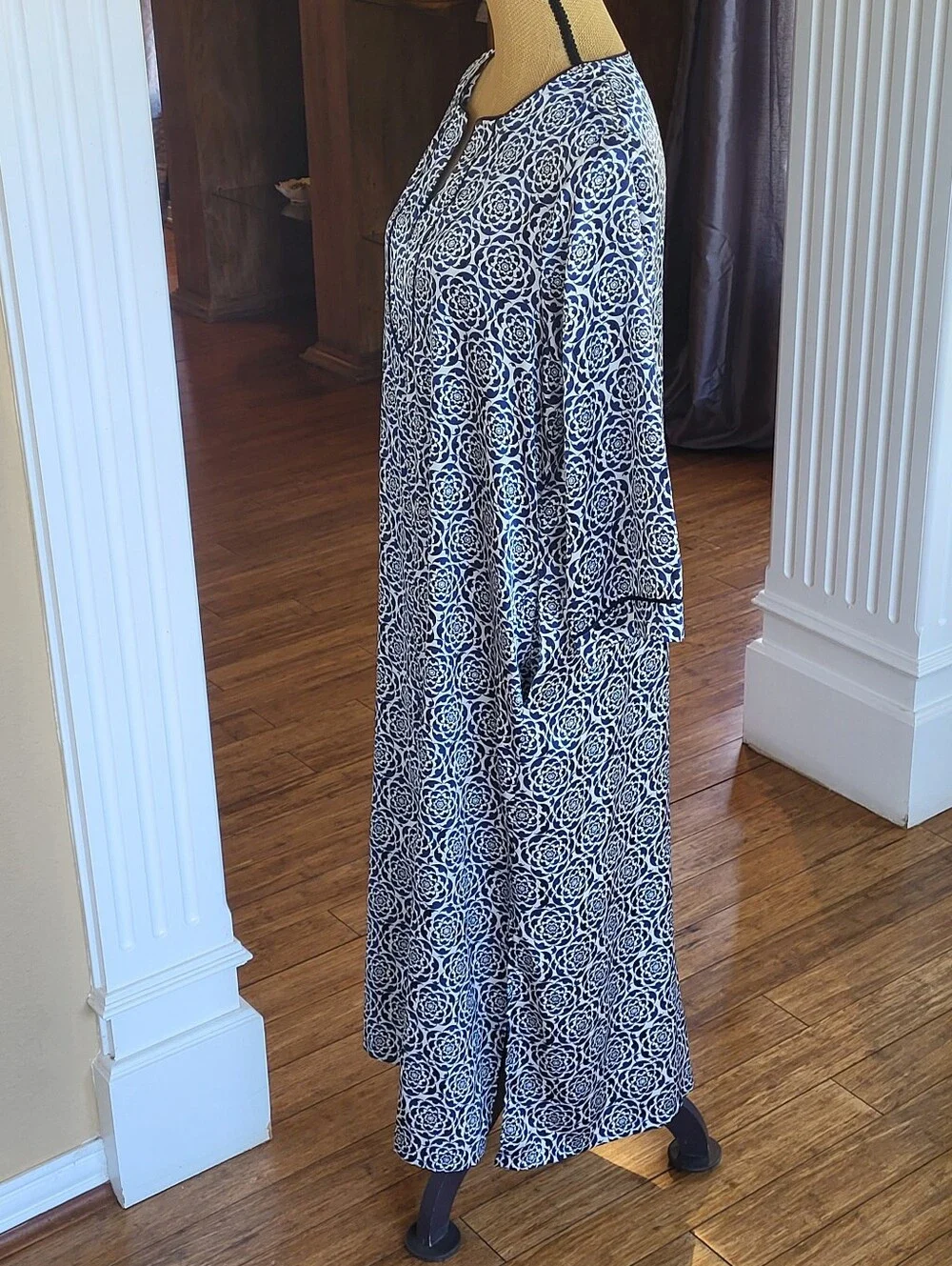 Oscar De La Renta Blue/White Floral Polyester Satin Kaftan Medium - Picture 2 of 11